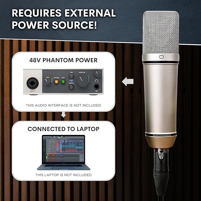 Melon Audio MA-87 Studio Condenser Microphone, 26mm Gold Large Diaphragm Capsule, Including Foam Filter, Metal Shock Mount, XLR Cable and Mic Bag - for Singing, Vocal Recording and Podcasting