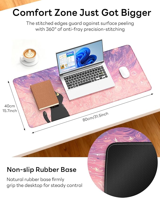 XL Gaming Mouse Pad, 31.5x15.7'' Large Desk Mat with Anti-Slip Rubber Base & Stitched Edges for Gaming, Office, Home - Van Gogh Cat