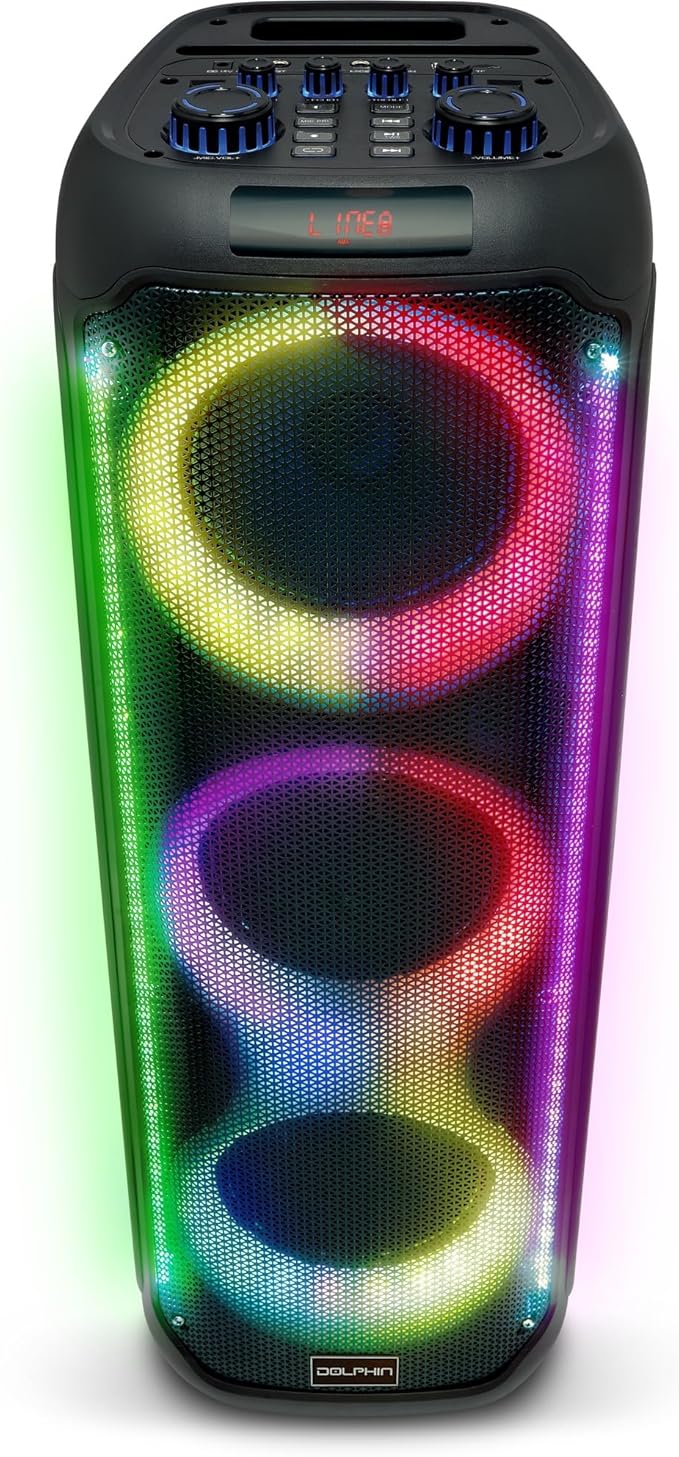 Dolphin KaraokeBox 380: Triple 8" Bluetooth Party Speaker – Powerful Sound System, Long-Lasting Rechargeable Battery, LED Lights, 35-Inch Tall, Portable Design, AUX/USB/TF/Bluetooth Connectivity