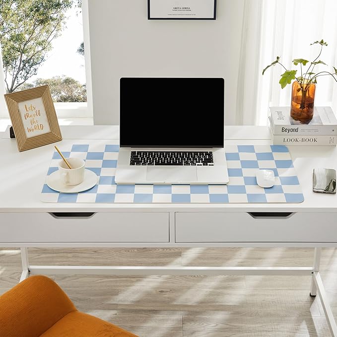 Checkered Desk Mat, 31.5" x 15.7" Large Cute Sky Blue Aesthetic Retro Accessories, PU Leather Computer Laptop Desk Mat Mouse Keyboard Pad, Desk Writing Makeup Mat for Vanity/Work/Home Decor