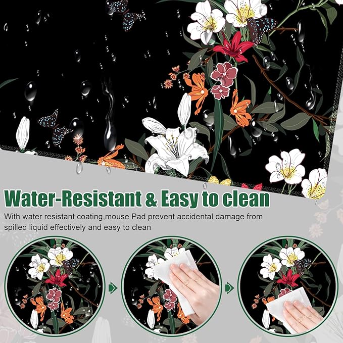 Desk Matt for Desktop, Desk Pad Mat, Desk Mat for Keyboard and Mouse, Large Mouse Pad for Desk, Anti-Slip Big Mousepad with Stitched Edges, Mouse Mat for Computer Laptop, Blooming Lilies Flowers