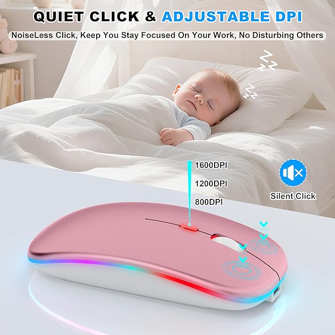 Mouse for MacBook, LED Bluetooth Wireless Mouse for MacBook Air Mac Pro iPad Laptop, Silent RGB Mice, 3 Mode BT 5.2 & 2.4G USB-A/USB-C Receiver Slim Portable Mice with Jiggler Mode, Rose Gold