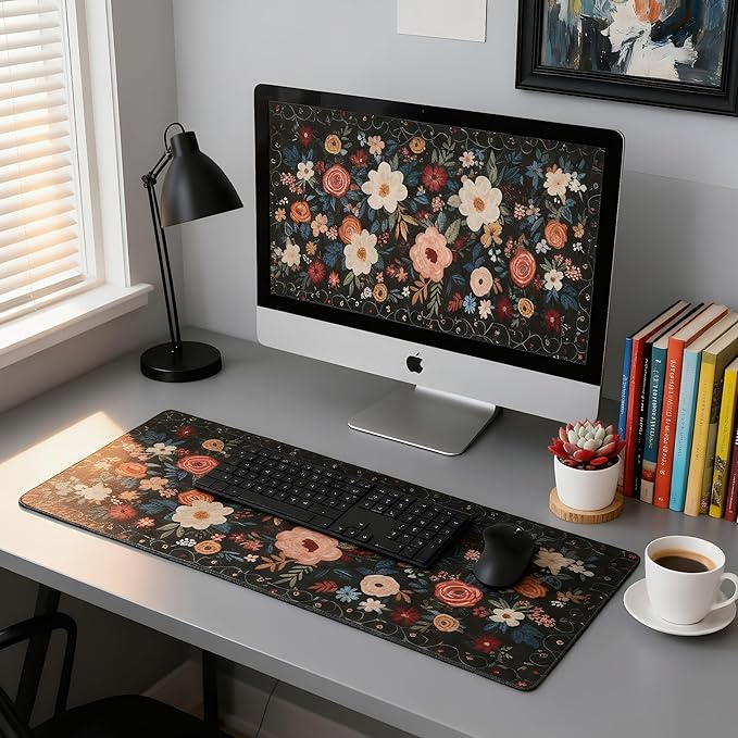 Floral XXL Large Mouse Pad with Stitched Edges, Anti-Slip Desk Mat for Keyboard and Mouse - Colorful Flower Pattern Office Decor, Home Computer Desk Pad Mat for Women, Ideal Desk Accessory