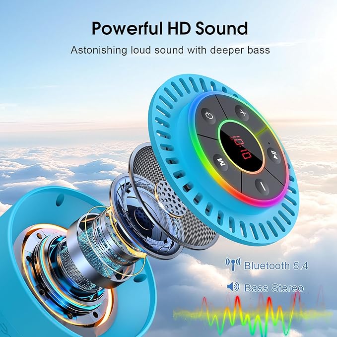 Bluetooth Speaker, Shower Speaker IPX7 Waterproof, Speakers Bluetooth Wireless with Rich Bass, Portable Speaker with LED Light, Suction Cup,8H Playtime, for Bathroom Party Beach, Ideal Gifts, Blue