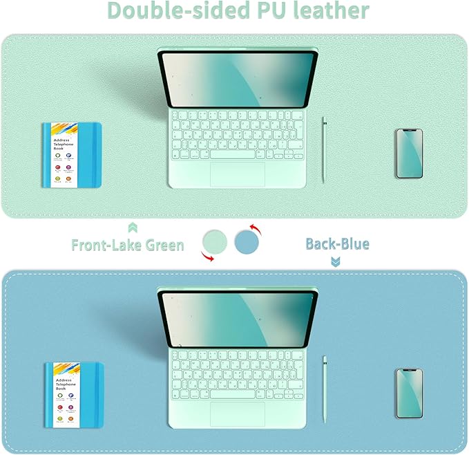 Dual-Sided Desk Mat, Large Pad, Waterproof Smooth PU Leather Blotter Protector, Mouse Pad, Desk Organizers, Office/Home Table Decor for Reading and Writing (Lake Green+Blue, 47.2''23.6'')