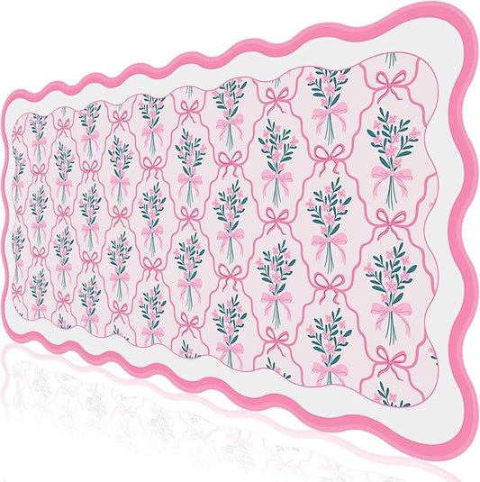 L-SPOUTTO Pink Mouse Pad,Cute Desk Mat XXL Large Scalloped Gaming Mousepad,35.4x15.7in Non-Slip Rubber Base Keyboard Pad Waterproof Girly Desktop Mat for Laptop Computer Game Home Office-Flower Bow