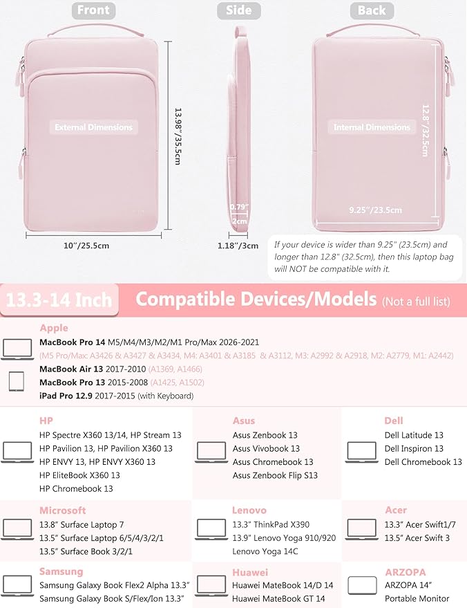 HYZUO 13.3-14 Inch Laptop Bag Sleeve for MacBook Pro 14 M5 M4 M3 M2 M1 Pro/Max A3426 A3427 2026-2021, MacBook Air/Pro 13.3, 13.8"-13.5" Surface Laptop/Book, Notebook Case for 13" Dell HP, Pale Pink