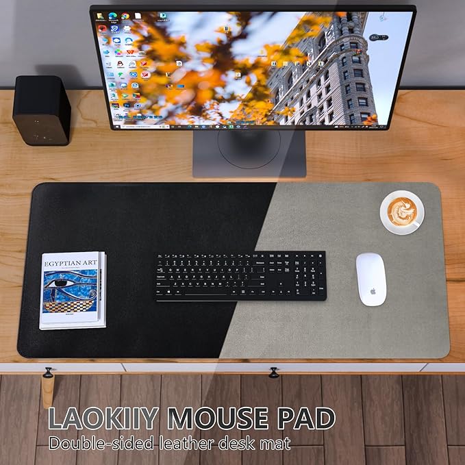 Desk Mat, Dual-Sided Pad, Large Mouse Pad, Natural Cork & PU Leather Non-Slip Waterproof Mats for Office and Home (Black, 31.5" x 15.7")