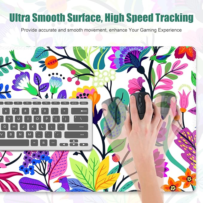 Colorful Flowers Desk Matt for Desktop, Mouse Pad Mat, Desk Mat for Keyboard and Mouse, XXL Large Mouse Pad for Desk, Anti-Slip Big Mousepad with Stitched Edges, Mouse Mat for Computer Laptop Women