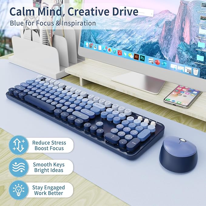 Wireless Keyboard and Mouse Combo, Retro Typewriter Keyboard with Round Keycaps, Full-Size Ergonomic, Blue, Ideal for Windows PC, Home, Office, and College, Wireless Keyboard Mouse Combo