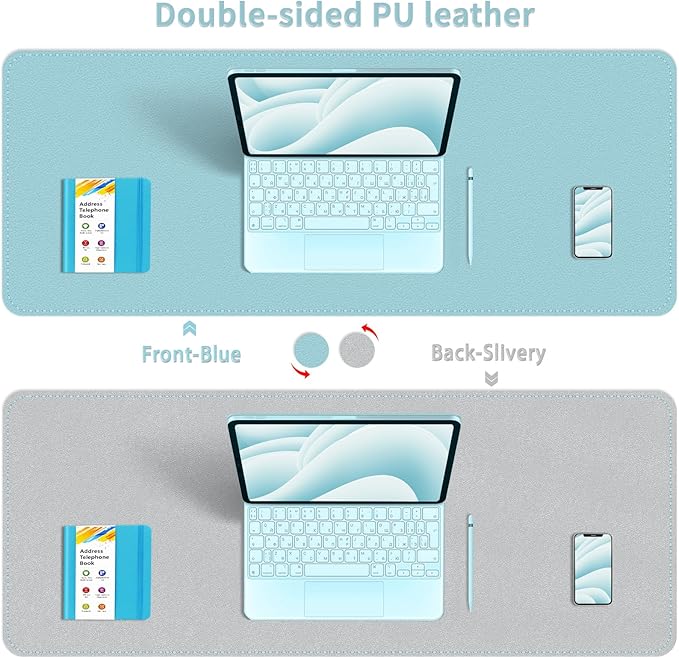 Bleswin Double-Sided Desk Mat, 23.6''×13.8'', PU Leather Mouse Pad, Waterproof Desk Pad, Laptop Leather Desk Mat, Protector for Keyboard and Mouse for Office and Home (Blue+Slivery)