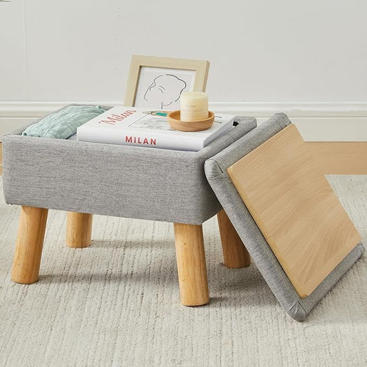 Storage Ottoman, Small Foot Stool Ottoman with Storage, Linen Foot Rest with Wood Legs, Footstool for Living Room, Bedroom, Entryway, Gray