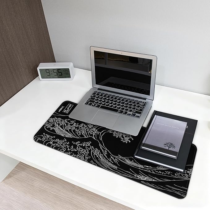 Gaming Mouse Pad, Large 31.5 x 11.8 inches Mousepad, Long Keyboard Pad, Cute Mouse Mat for Computer with Stitched Edges and Non-Slip Base (Black Japanese Wave)