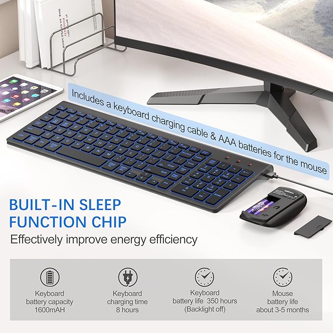 Wireless Keyboard and Mouse Ultra Slim Combo, TopMate 2.4G Silent Compact USB 2400DPI Mouse and Scissor Switch Backlit Keyboard Set, for PC/Laptop/Windows/Mac/Gaming - Matte Black