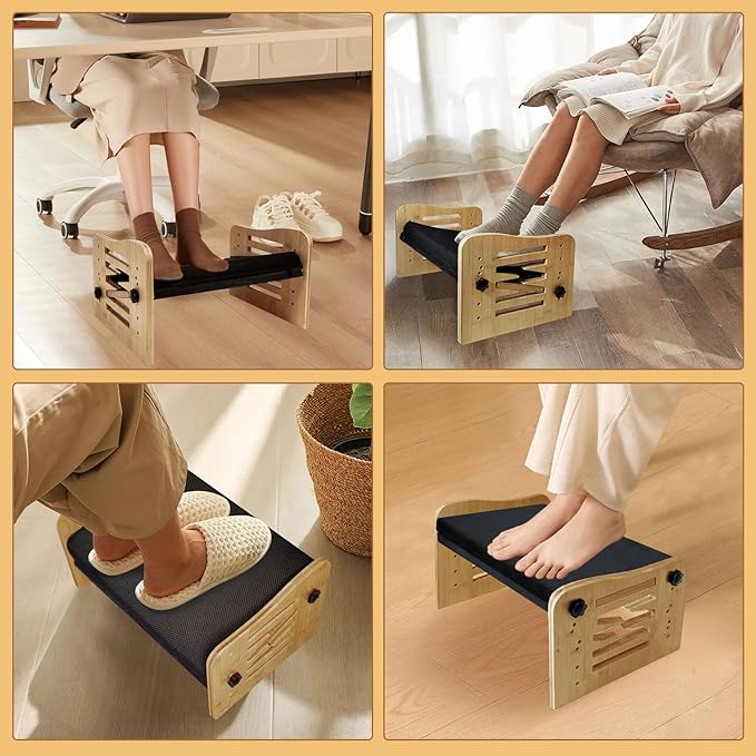 Myplace Bamboo Adjustable Under Desk Footrest with Memory Foam Pad - Ergonomic Foot Rest with 7-Level Adjust, Slanted Foot Rest Stool for Home Office Kitchen Bedroom (Burlywood)