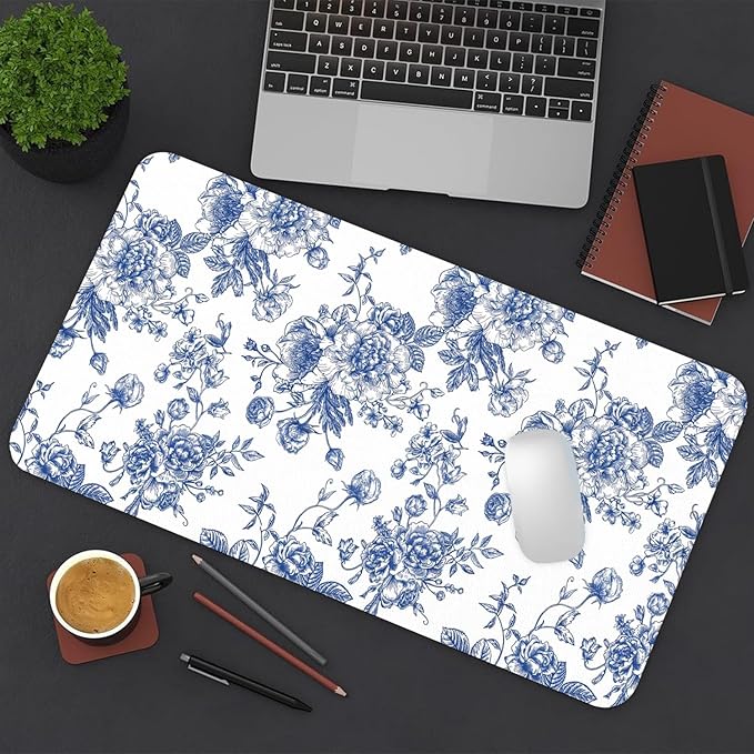 Large Mouse Pad, Chinoiserie Blue Floral Desk Mat for Desktop, Women Girls Flowers PU Leather Waterproof Desk Pad, Computer PC Laptop Protector Gaming Mouse Pads for School Office Home (27.5" x 13.8")