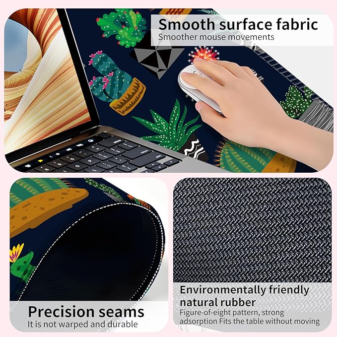 Desk Mat,Big Desk Pad,31.5 x 11.5in Extended Gaming Mouse Pad,Large Mouse Pad for Desk Rubber Base Mousepad with Stitched Edges,Keyboard Mouse Mat for Work Game Office Home - Cute Cactus