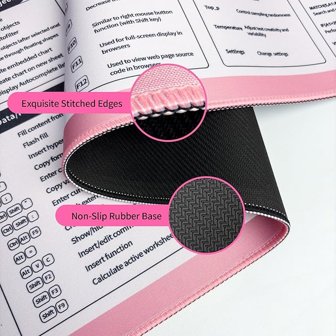 Excel Cheat Sheet Desk Pad, Cute Cat Pink Mouse Pad Non-Slip, 31.5" x 11.8" Large Shortcuts Mouse Pads, XL Gaming Keyboard Mat Office Pink Desk Accessories for Women