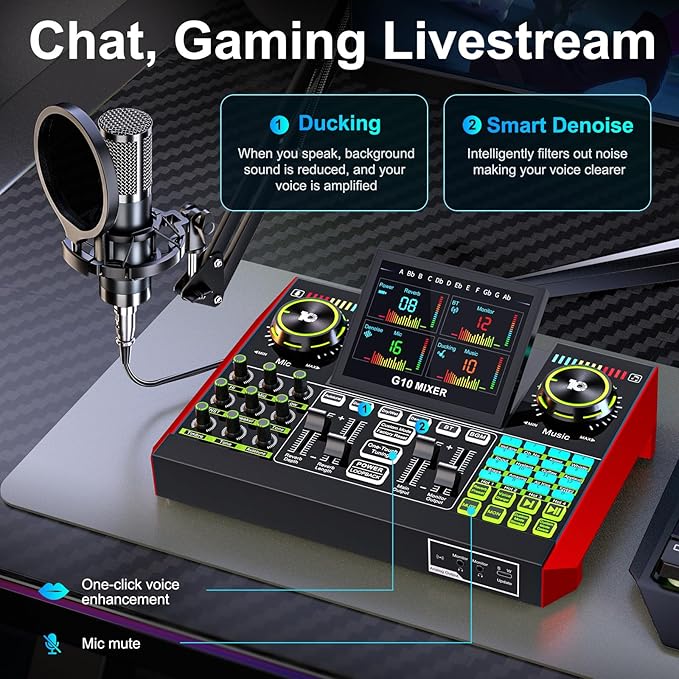 Podcast Microphone Bundle with Live Sound Board Audio Mixer, Podcast Equipment Bundle with 3.5mm Boom Mic(P15) for Pc/Phone Live Streaming Singing Gaming, Voice Changer, Denoise