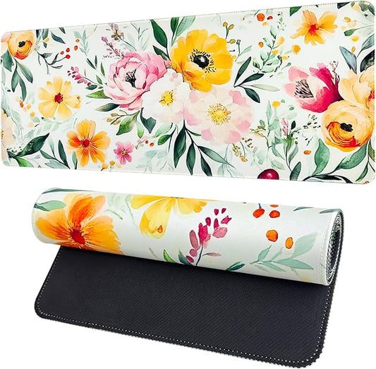 Spring Floral Desk Mat,Cute Large Mouse Pad for Desk, Flower Computer Mousepad with Non-Slip Rubber Base,Girly Keyboard Mouse Pad for Work, Game, Office, Home,31.5 x 11.8 Inch