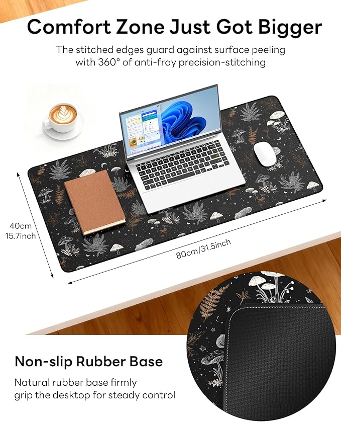 XL Gaming Mouse Pad, 31.5x15.7'' Large Desk Mat with Anti-Slip Rubber Base & Stitched Edges for Gaming, Office, Home - Black Art