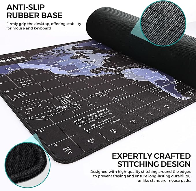 TIDALSOIL World Map Mouse Pad XXL 35.4 x 15.7 Inch – Oversized Extended Large Desk Pad with Non-Slip Base, Stitched Edges Mousepad, Smooth Surface for Keyboard, Mouse, Office, Gaming and Work