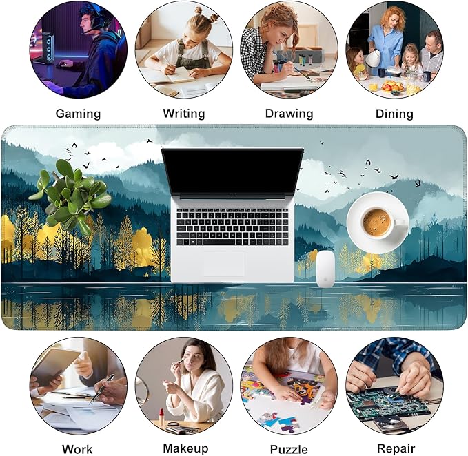 Mouse Pad, Large Anti-Slip with Stitched Edges Desk Mat Desktop Laptop Computer Desk Keyboard Mat,Table Protector Blotter Mat (Lake, 35.4" x 15.7")