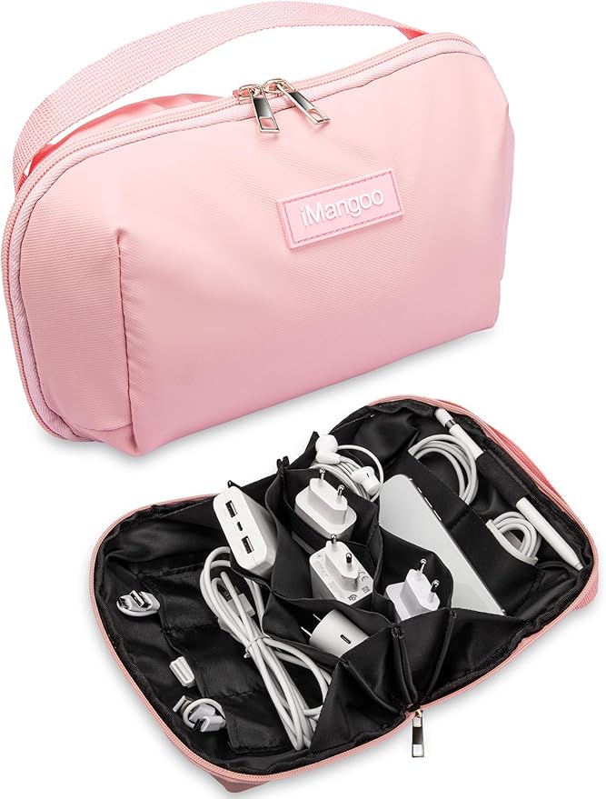 iMangoo Tech Organizer Travel Case 150° Open Large Storage Pouch Purse for Women Zipper Waterproof Bag Power Bank Portable Charger Cable Cord Electronics Accessories Trip Travel Essentials Bags Pink