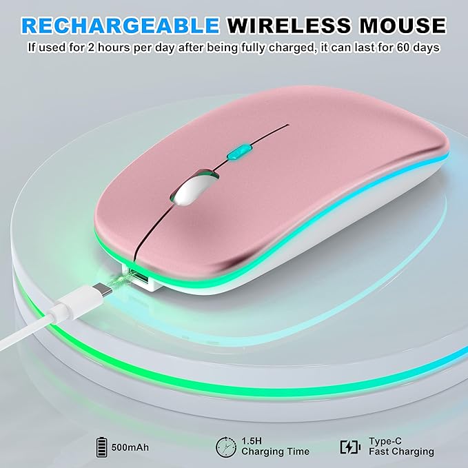 Mouse for MacBook, LED Bluetooth Wireless Mouse for MacBook Air Mac Pro iPad Laptop, Silent RGB Mice, 3 Mode BT 5.2 & 2.4G USB-A/USB-C Receiver Slim Portable Mice with Jiggler Mode, Rose Gold