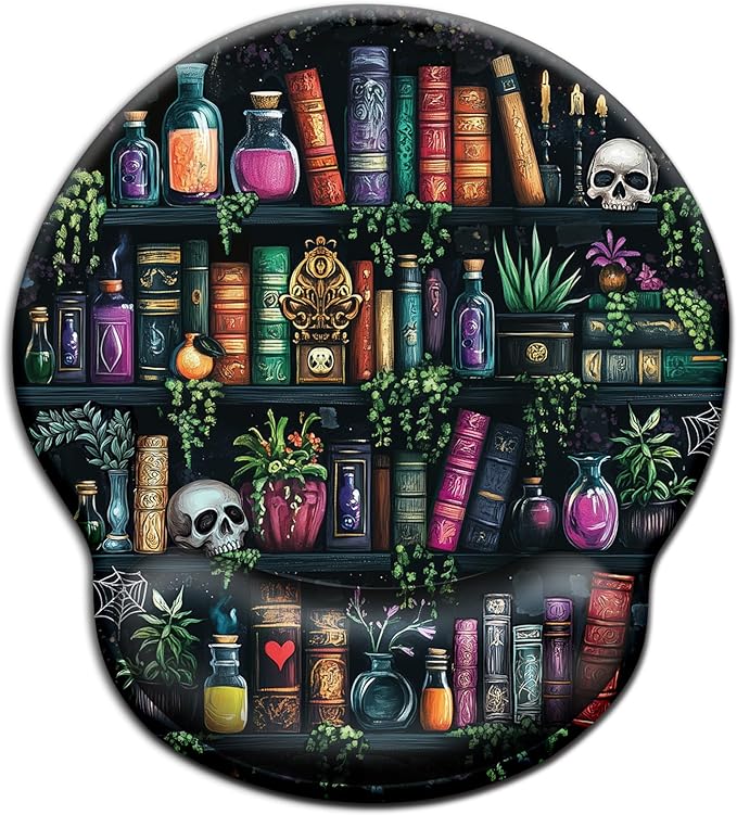 Mouse Pad with Wrist Rest, Goth Ergonomic Mouse Pads Wrist Support for Desk, Funny Skull Gothic Gaming Mousepad for Wireless Mouse Computer Work Home Desk Accessories Office Supplies Witchy Book