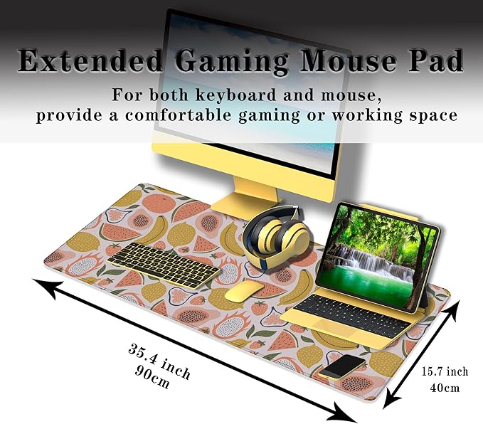 Large Desk Pad, Keyboard Mouse Pad Gaming Desk Mats, Mouse Pad Mat Non-Slip Rubber Base Waterproof with Stitched Edges, 35.4 X 15.7 inch for Work/Game/Office/Home Bright Summer Cartoon Fruits