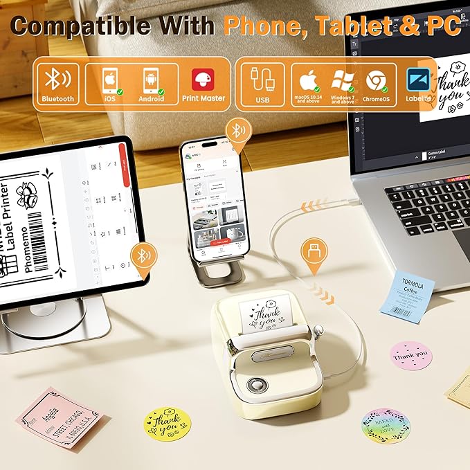 Phomemo M150 Label Maker, Upgraded Bluetooth Label Printer, Compatible with Phone, PC & Tablet, with 1 Roll Free Label Paper, Thermal Portable Sticker Printer Machine for Address,Bracode, Jar, Beige