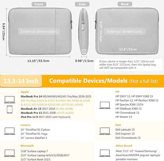HYZUO 13.3-14 Inch Laptop Sleeve Bag Set for MacBook Pro 14 M5/M4/M3/M2/M1 Pro/Max A3426 A3427 2026-2021, MacBook Air/Pro 13.3, 13.5-13.8" Surface Book/Laptop, Notebook Case for 13.3" HP, Light Gray