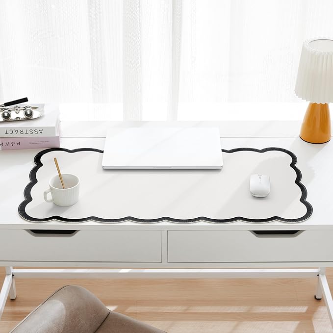 Scalloped Desk Mat, 31.5" x 15.7" Large Cute Black White Aesthetic Desk Accessories, PU Leather Computer Laptop Desk Mat Mouse Keyboard Pad, Desk Writing Makeup Mat for Vanity/Work/Home Decor