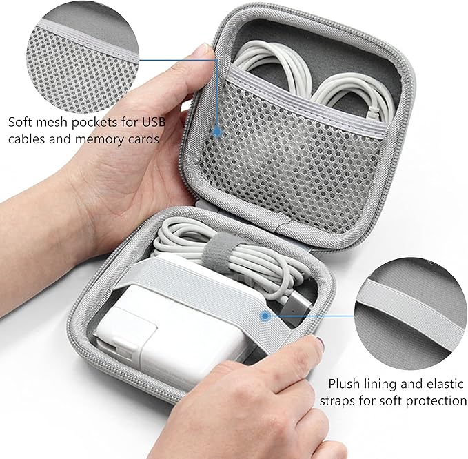 Charger Case for Macbook, Portable Tech Electronic Organizer Bag, Travel Storage Pouch for Laptop Accessories, MacBook Power Adapter, Charging Cords, USB Drives, Power Bank (Grey PU, M)