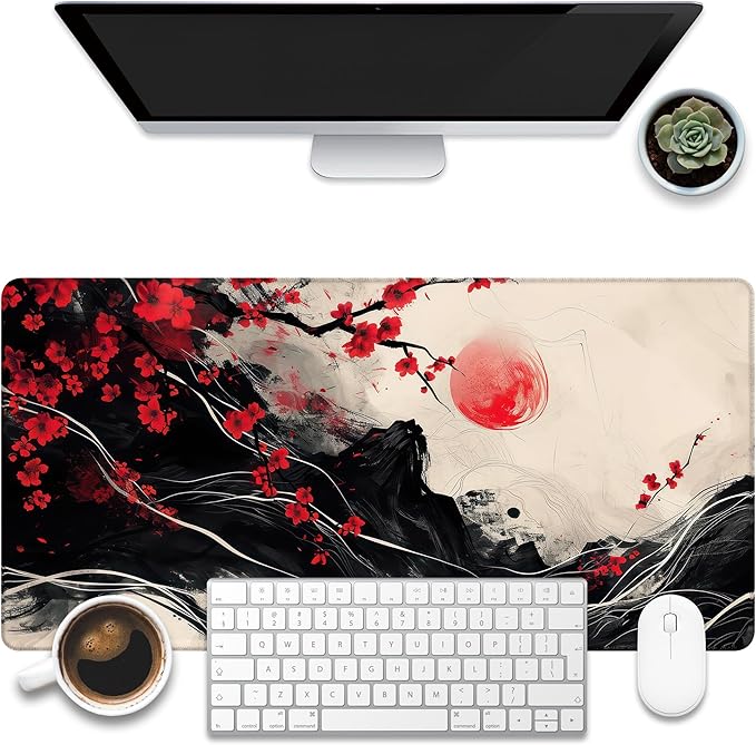 Desk Pad, Black Red Ink Painting Desk Mat, Cherry Blossom Trees Sun Waves Large Gaming Mouse Pad, 31.5"x15.7" Extended Big Computer Mouse Pad with Non-Slip Base and Stitched Edge