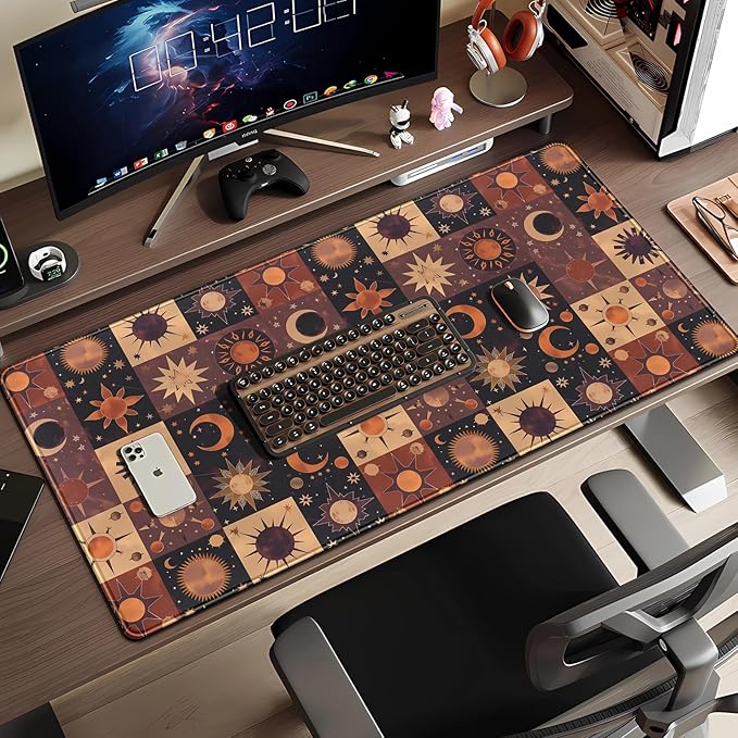 Cute Celestial Desk Mat Aesthetic Desk Pad Cottagecore Large Mouse Pad XXL 31.5''X15.7'' with Stitched Edges Gaming Mousepad Extended Keyboard Mouse Mat for Computer Laptop Gamers