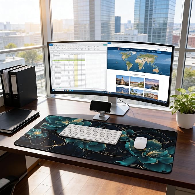 Floral Aesthetic Lotus Large Mouse Pad, Deep Blue Modern Desk Mat with Anti-Slip Base & Stitched Edges,35.4" x 15.7" in Desk Accessories for Women, Home Office Decor & Artistic Gift