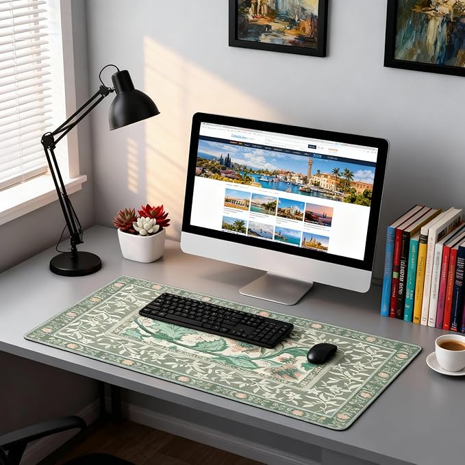 Sage Green Floral XXL Desk Pad Mat - Extra Large Mouse Pad with Anti-Slip Base & Stitched Edges for Women, Office, Home Desktop Computer Keyboard, Aesthetic Office Decor Supplies