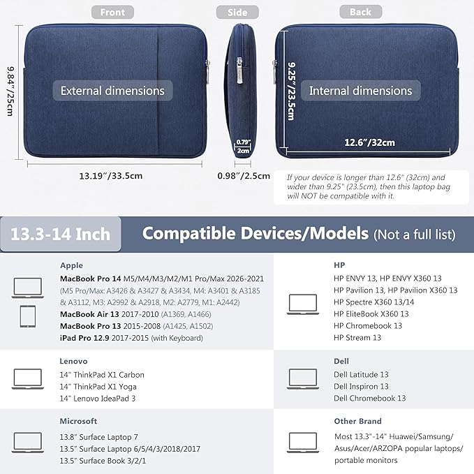 HYZUO 13.3-14 Inch Laptop Sleeve Bag Set for MacBook Pro 14 M5/M4/M3/M2/M1 Pro/Max A3426 A3427 2026-2021, MacBook Air/Pro 13.3, 13.5-13.8" Surface Book/Laptop, Notebook Case for 13.3" HP, Navy Blue