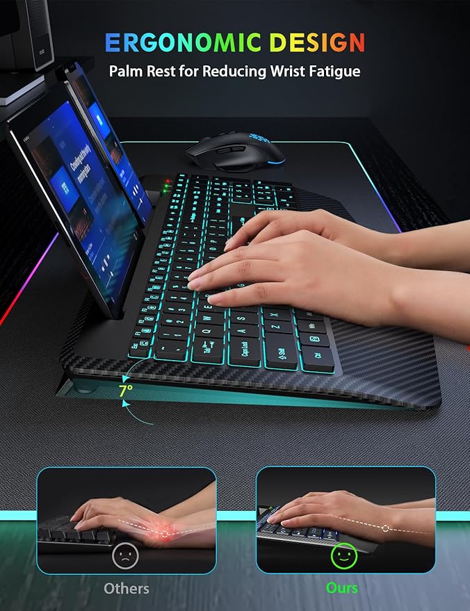 Wireless Keyboard and Mouse Backlits, Wrist Rest, LED Mouse, Rechargeable Ergonomic Keyboard with Phone Holder, Silent Light Up Combo for Computer, Mac, PC, Laptop, Chromebook (Black)