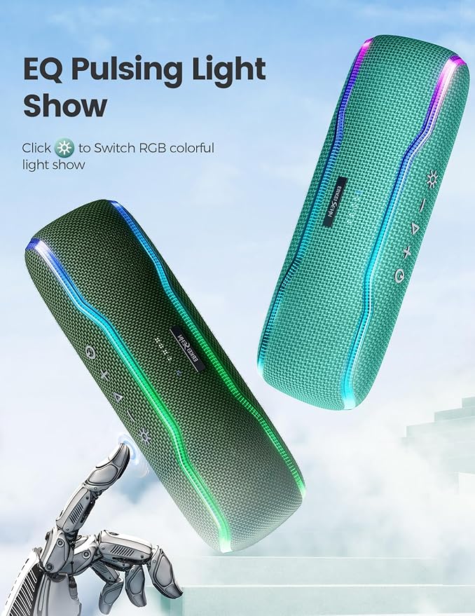 ERKEISEHN Bluetooth Speaker, IPX7 Waterproof Wireless Speakers, Flashing Light, 25W Super Bass, 24H Playtime, Birthday Valentines Gifts for Him/Men, TWS Pairing, Beach Vacation Essentials, Grass Green