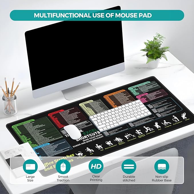 TIDALSOIL Excel Shortcut Keys Mouse Pad 35.4 x 15.7 Inch – Oversized Extended Large Desk Pad with Non-Slip Base, Stitched Edges Mousepad, Smooth Surface for Keyboard, Mouse, Office, Gaming and Work