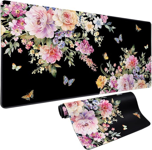 Pink Flower Desk Mat Mouse Pad Waterproof, Butterfly Floral XXL Extended Large Gaming Desk Pad Mousepad, Black Computer Laptop Keyboard Mouse Mat for Women Girls Work, Game, Office, Home 31.5x15.7 in