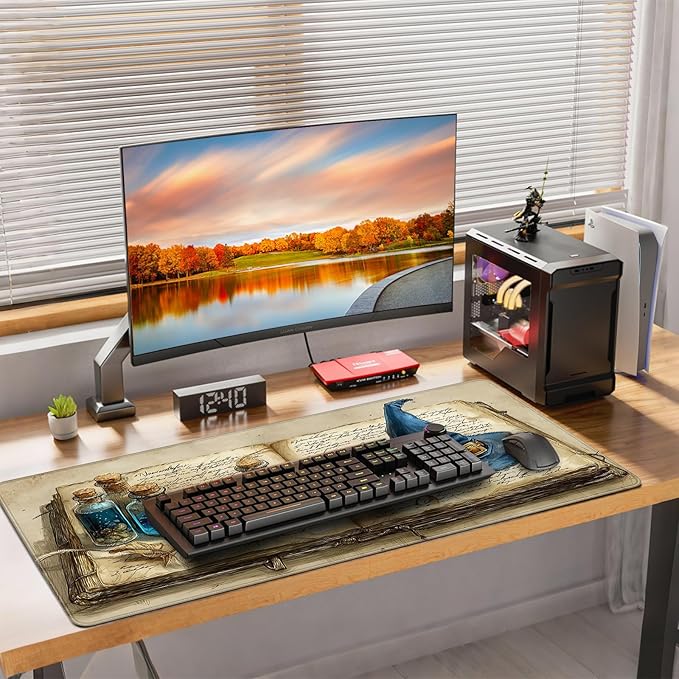 Large Gaming Mouse Pad, Wizard Spellbook Design, 35.4 x 15.7 Inches, Extended Desk Mat