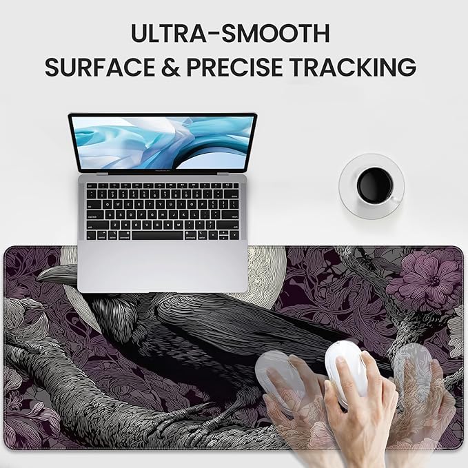 XXL Gaming Mouse Pad, Gothic Raven Moon Design with Purple Floral, 35.4 x 15.7 Inches, Non-Slip Rubber Base, Waterproof Surface，A Keyboard and Mouse Accessory Suitable for Home Gaming and Work.
