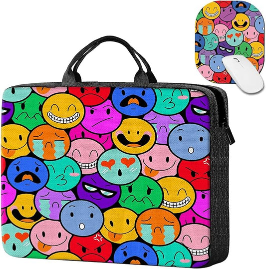 Laptop Sleeve Case 15 inch Plus Cute Mousepad, Colorful Smile Faces Slim Carrying Case Durable Handbag Protective Travel Laptop Bag for 13-15 inch Tablet,Laptop, Ultrabook Notebook