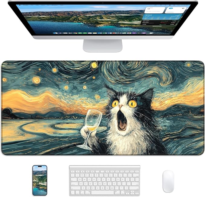 XL Gaming Mouse Pad, 31.5x15.7'' Large Desk Mat with Anti-Slip Rubber Base & Stitched Edges for Gaming, Office, Home - Shocked Cat