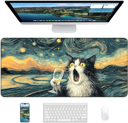 XL Gaming Mouse Pad, 31.5x15.7'' Large Desk Mat with Anti-Slip Rubber Base & Stitched Edges for Gaming, Office, Home - Shocked Cat