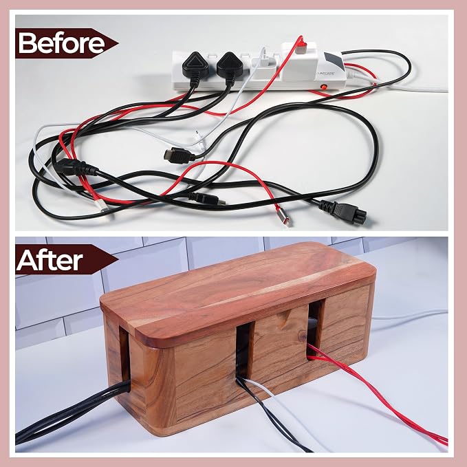 Cable Management Box & Cord Organizer- Cable Organizer for Desk, Home, Office. Hides Wires, Surge Protectors, Power Strips. Eco Friendly Mango Wood Cord Management Solution (Natural Acacia) - Image 6